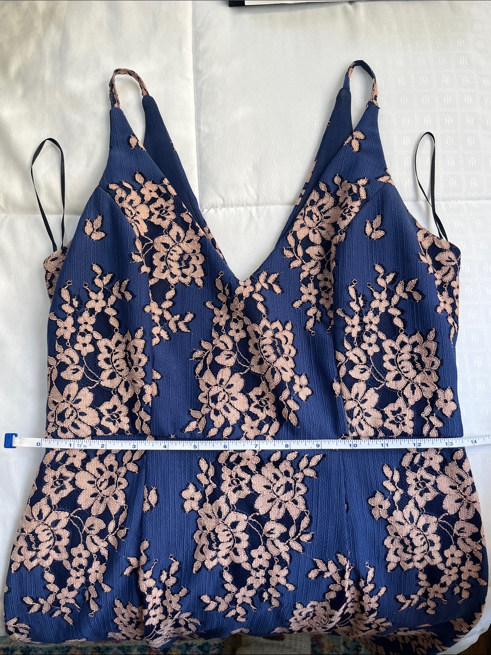 Blue Floral Lace Slip Dress with Pink Floral Appliqué - Picture 6 of 7